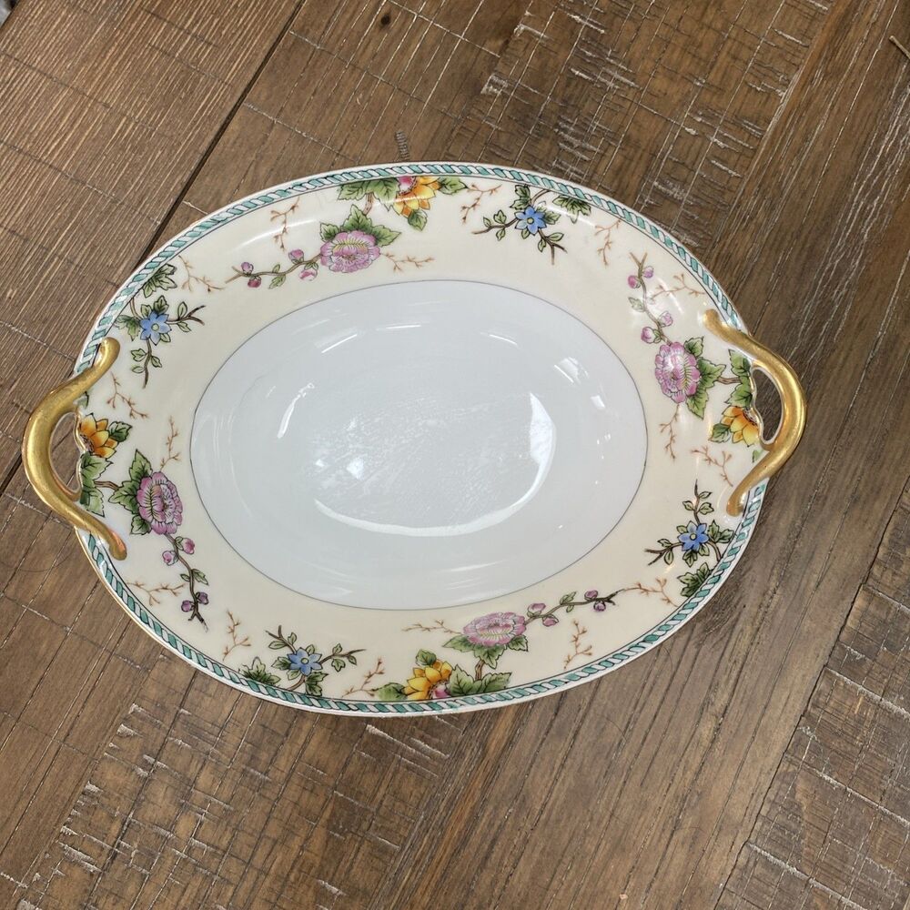 Vintage Noritake Japan Amerita Hand Painted Oval Candy Dish Gold Handles 10"